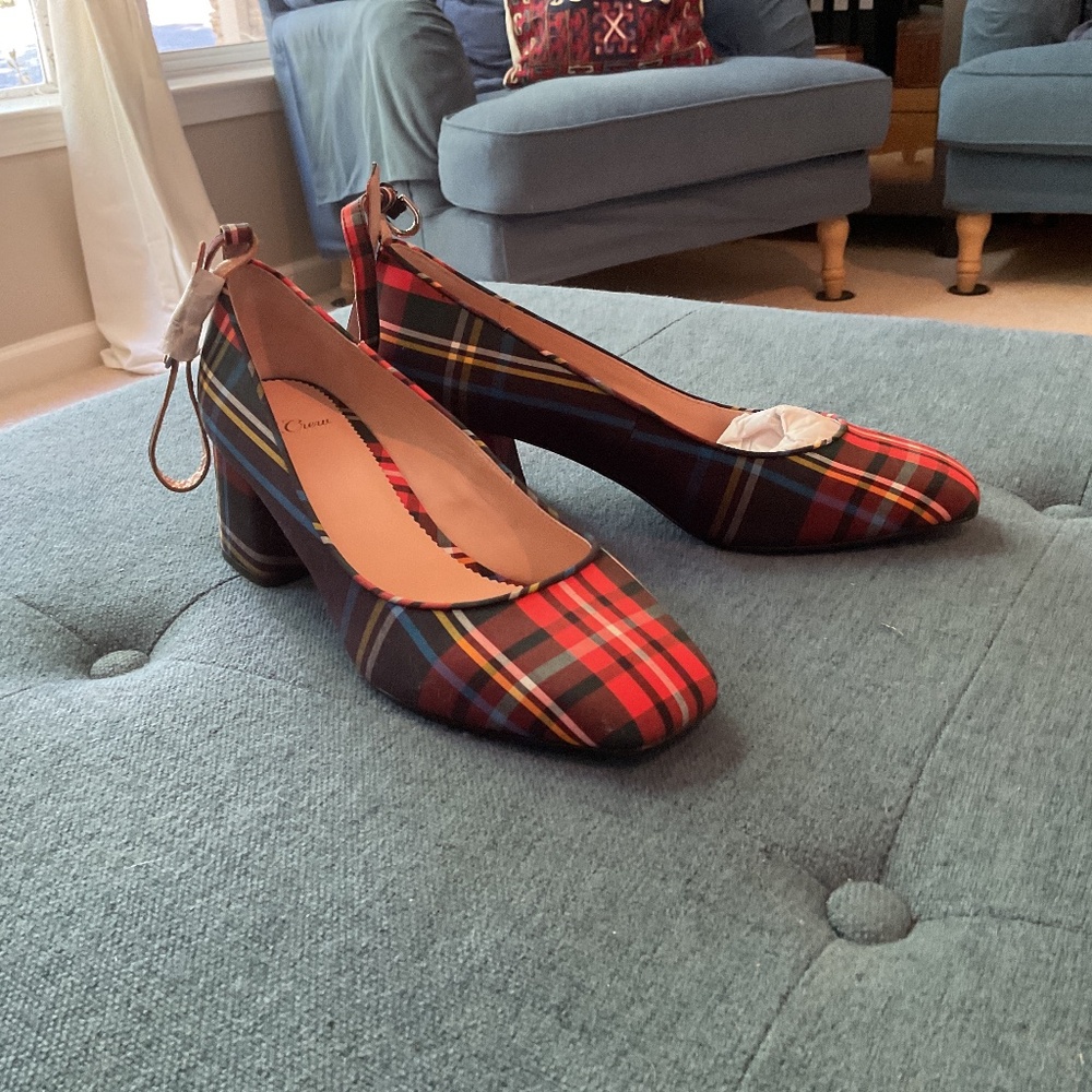 NWT J Crew Red Tartan Plaid Block Heels Shoes Size 7 1/2 perfect for Fall